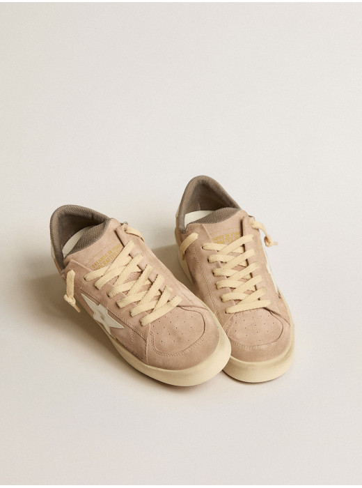 Stardan in old rose suede with white leather star and heel tab