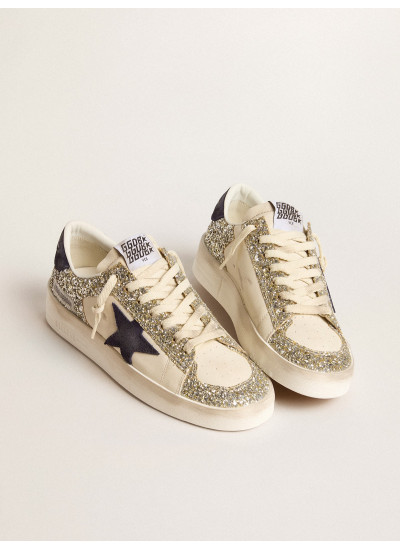 Women's Stardan in platinum glitter with dark blue suede star and heel tab