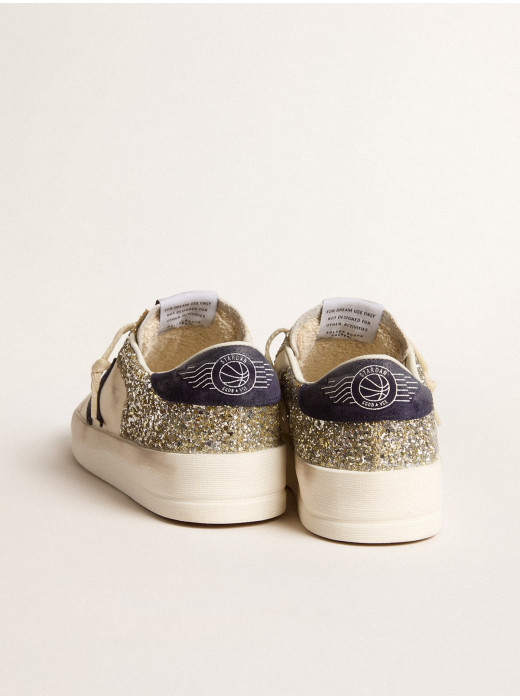 Women's Stardan in platinum glitter with dark blue suede star and heel tab