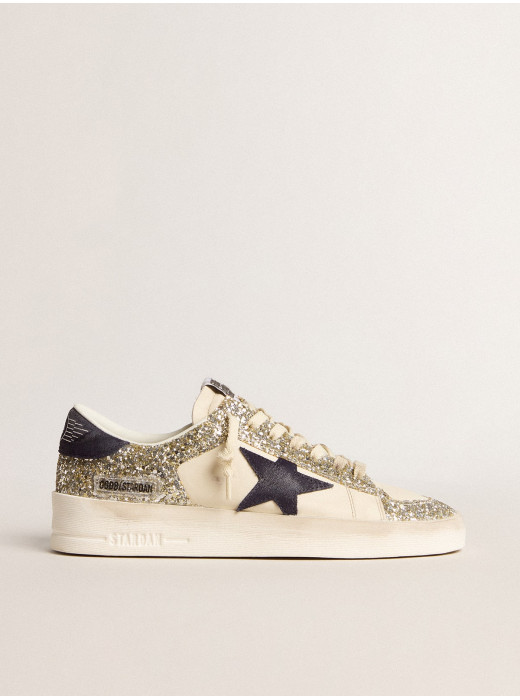 Women's Stardan in platinum glitter with dark blue suede star and heel tab