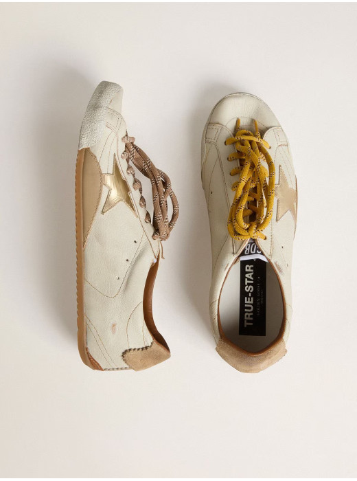 True-Star in White Nappa Leather With Gold Star and Beige Suede Heel Tab