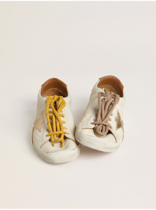 True-Star in White Nappa Leather With Gold Star and Beige Suede Heel Tab