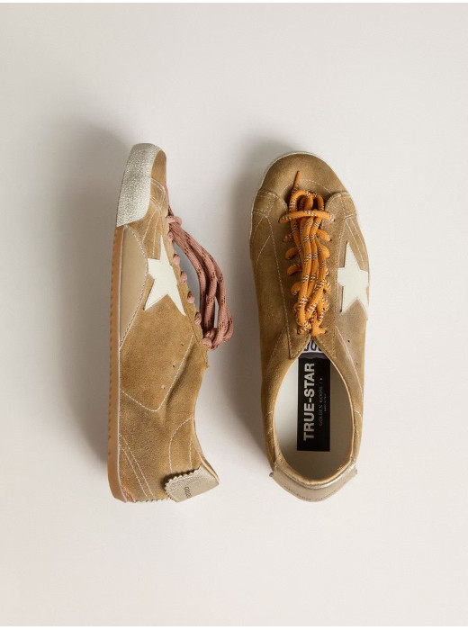 True-Star in Tobacco-Colored Suede With White Star and Platinum Heel Tab