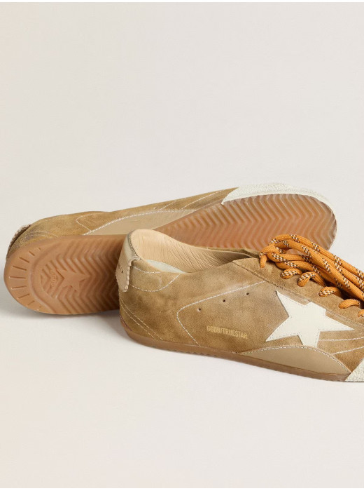 True-Star in Tobacco-Colored Suede With White Star and Platinum Heel Tab