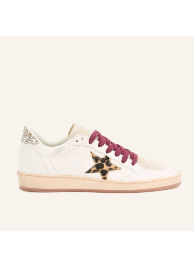 Ball Star in White Leather with Leopard Star and Glitter Heel Tab