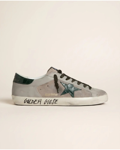 Mens Super-Star in Beige Suede with Green Croc-Print Leather Star and Heel Tab