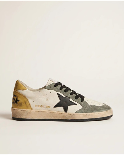 Mens Ball Star Sneakers in Black Leather With Yellow Star and Yellow Heel Tab