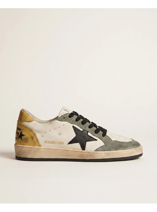 Mens Ball Star Sneakers in Black Leather With Yellow Star and Yellow Heel Tab