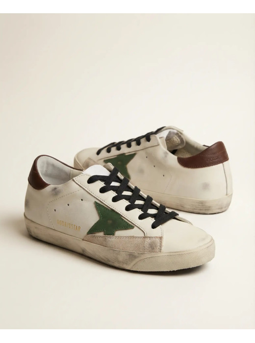 Mens Super-Star Sneakers in Green Leather With Green Star and Grey Leather Heel Tab