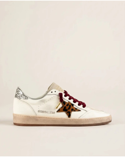 Ball Star in White Leather with Leopard Star and Glitter Heel Tab