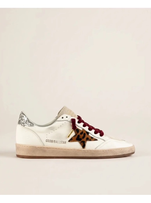 Ball Star in White Leather with Leopard Star and Glitter Heel Tab