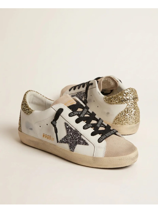 Super-Star in Black Leather With Black Star and Gold Heel Tab