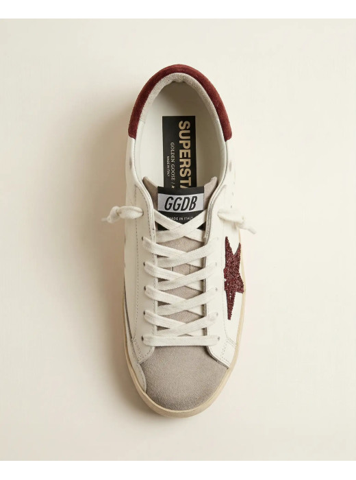 Super-Star in White Leather With Bordeaux Star and Bordeaux Heel Tab