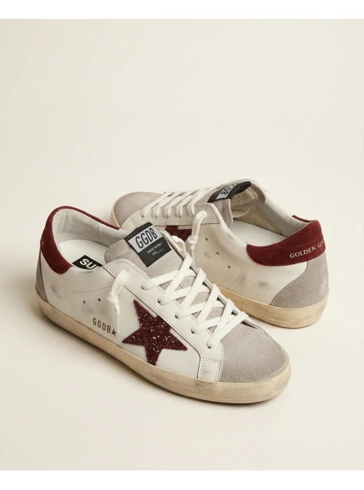 Super-Star in White Leather With Bordeaux Star and Bordeaux Heel Tab