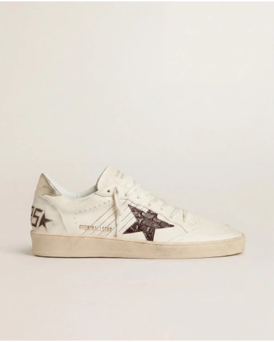 Ball Star Sneakers in White Leather With Crocodile-Effect Star and Gold Heel Tab
