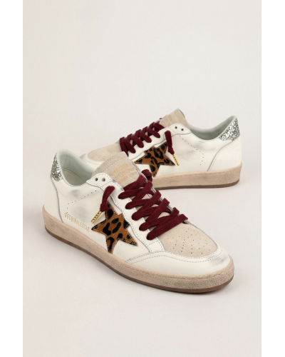 Ball Star in White Leather with Leopard Star and Glitter Heel Tab