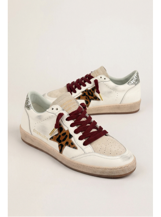 Ball Star in White Leather with Leopard Star and Glitter Heel Tab