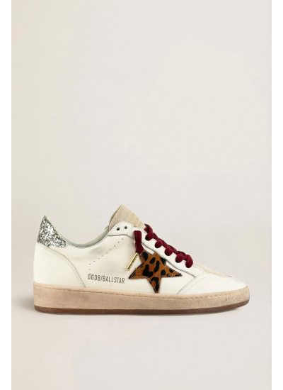 Ball Star in White Leather with Leopard Star and Glitter Heel Tab