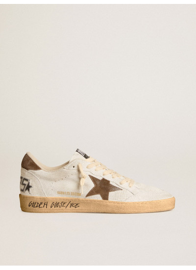 Mens Ball Star in white nubuck leather with brown suede star and heel tab