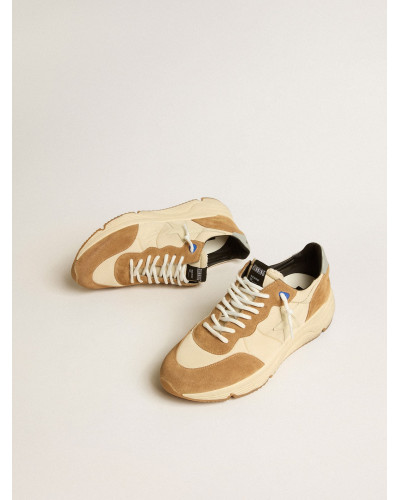 Mens Running Sole in ivory nylon and tobacco suede