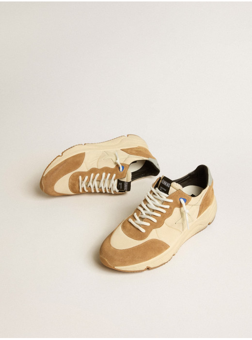 Mens Running Sole in ivory nylon and tobacco suede