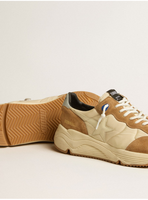 Mens Running Sole in ivory nylon and tobacco suede