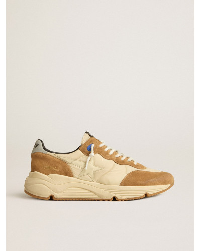 Mens Running Sole in ivory nylon and tobacco suede