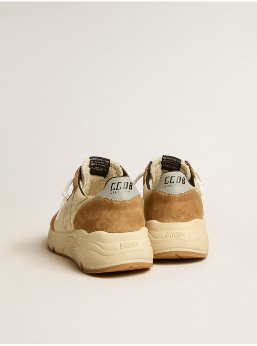 Mens Running Sole in ivory nylon and tobacco suede