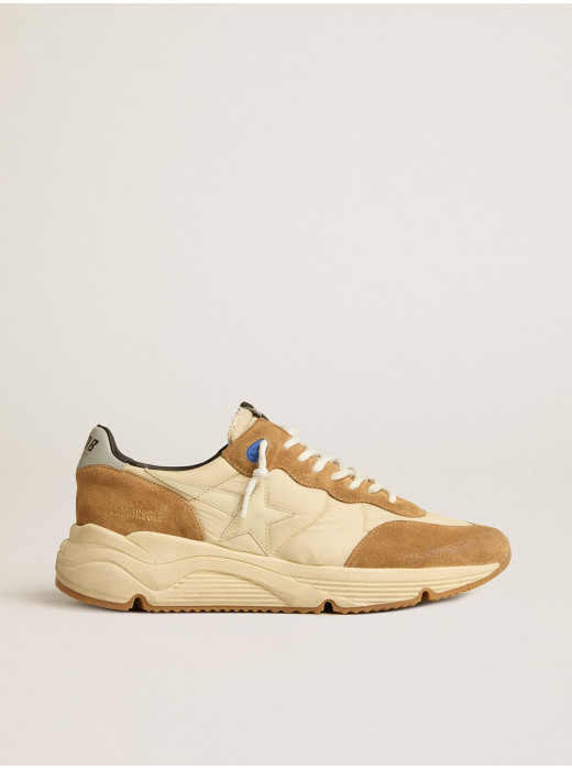 Mens Running Sole in ivory nylon and tobacco suede