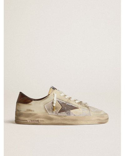 Stardan in nubuck and mesh with brown lizard-print leather star