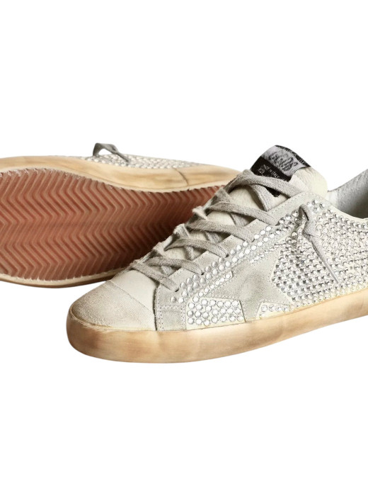 Super-Star in Aged White Nubuck with Swarovski Crystals