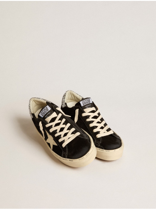Hi Star in black leather with silver glitter heel tab