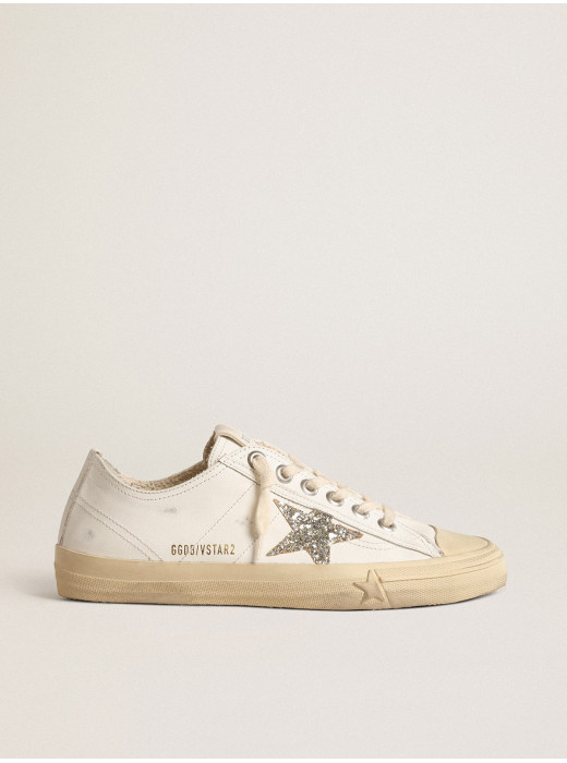 V-Star in white leather with a platinum glitter star