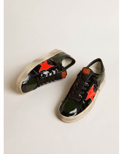Stardan LAB in black and green patent leather with orange star