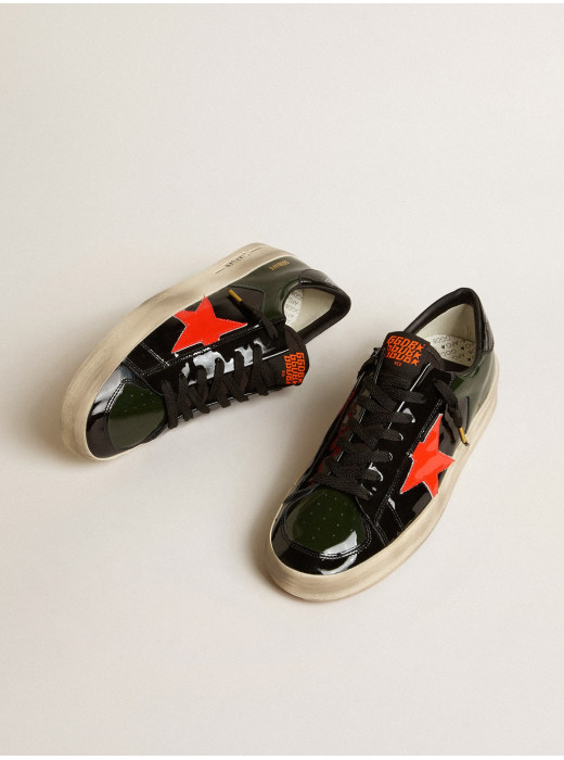 Stardan LAB in black and green patent leather with orange star