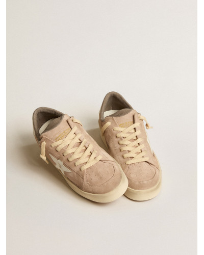 Stardan in old rose suede with white leather star and heel tab