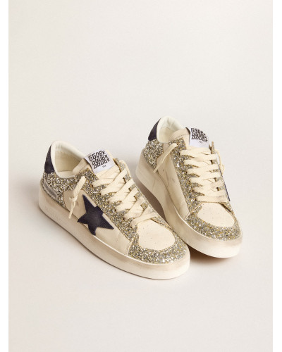 Stardan in platinum glitter with dark blue suede star and heel tab