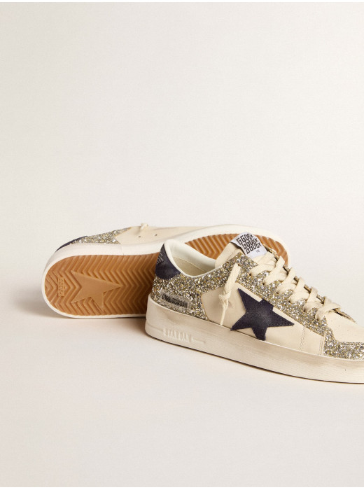 Stardan in platinum glitter with dark blue suede star and heel tab