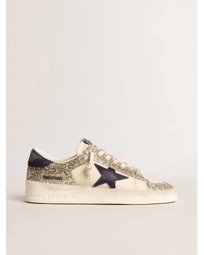 Stardan in platinum glitter with dark blue suede star and heel tab