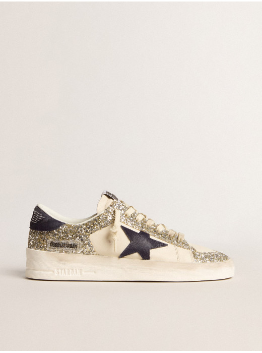 Stardan in platinum glitter with dark blue suede star and heel tab