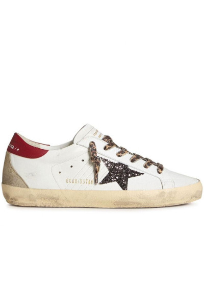 Super-Star Sneakers in White Leather With Bordeaux Heel Tab and Black Star