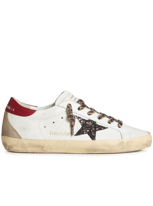 Super-Star Sneakers in White Leather With Bordeaux Heel Tab and Black Star