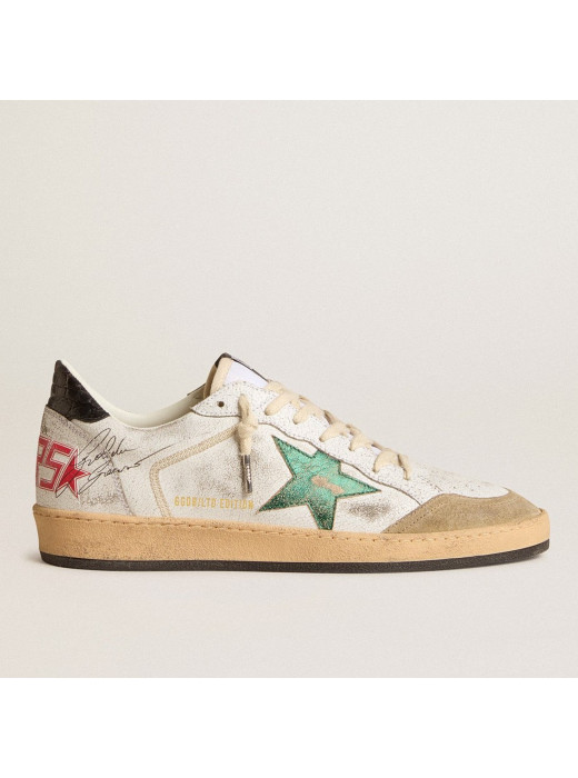 Mens Ball Star in White Leather With Green Star and Black Heel Tab