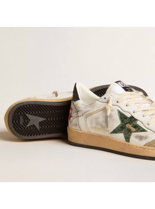 Mens Ball Star in White Leather With Green Star and Black Heel Tab