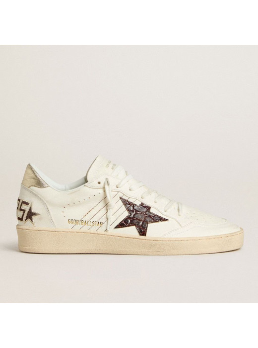 Ball Star Sneakers in White Leather With Crocodile-Effect Star and Gold Heel Tab