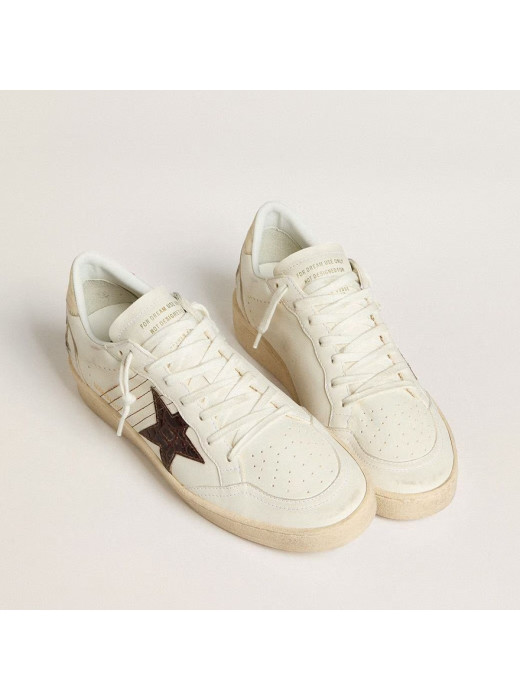 Ball Star Sneakers in White Leather With Crocodile-Effect Star and Gold Heel Tab