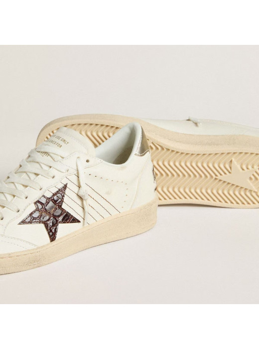 Ball Star Sneakers in White Leather With Crocodile-Effect Star and Gold Heel Tab