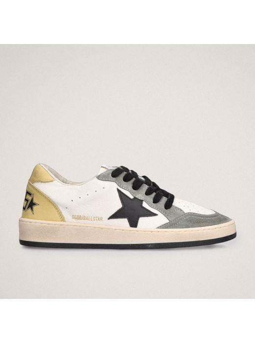 Mens Ball Star Sneakers in Black Leather With Yellow Star and Yellow Heel Tab