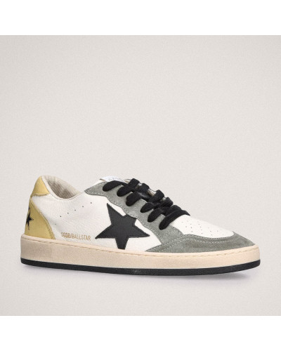 Mens Ball Star Sneakers in Black Leather With Yellow Star and Yellow Heel Tab