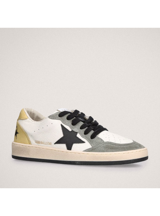 Mens Ball Star Sneakers in Black Leather With Yellow Star and Yellow Heel Tab